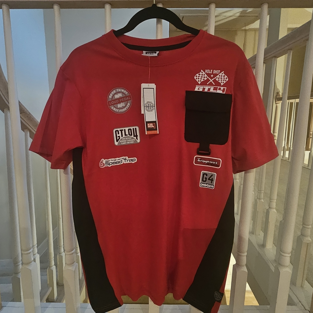 Red Graphic Men's Racing Tee with Pocket Detail